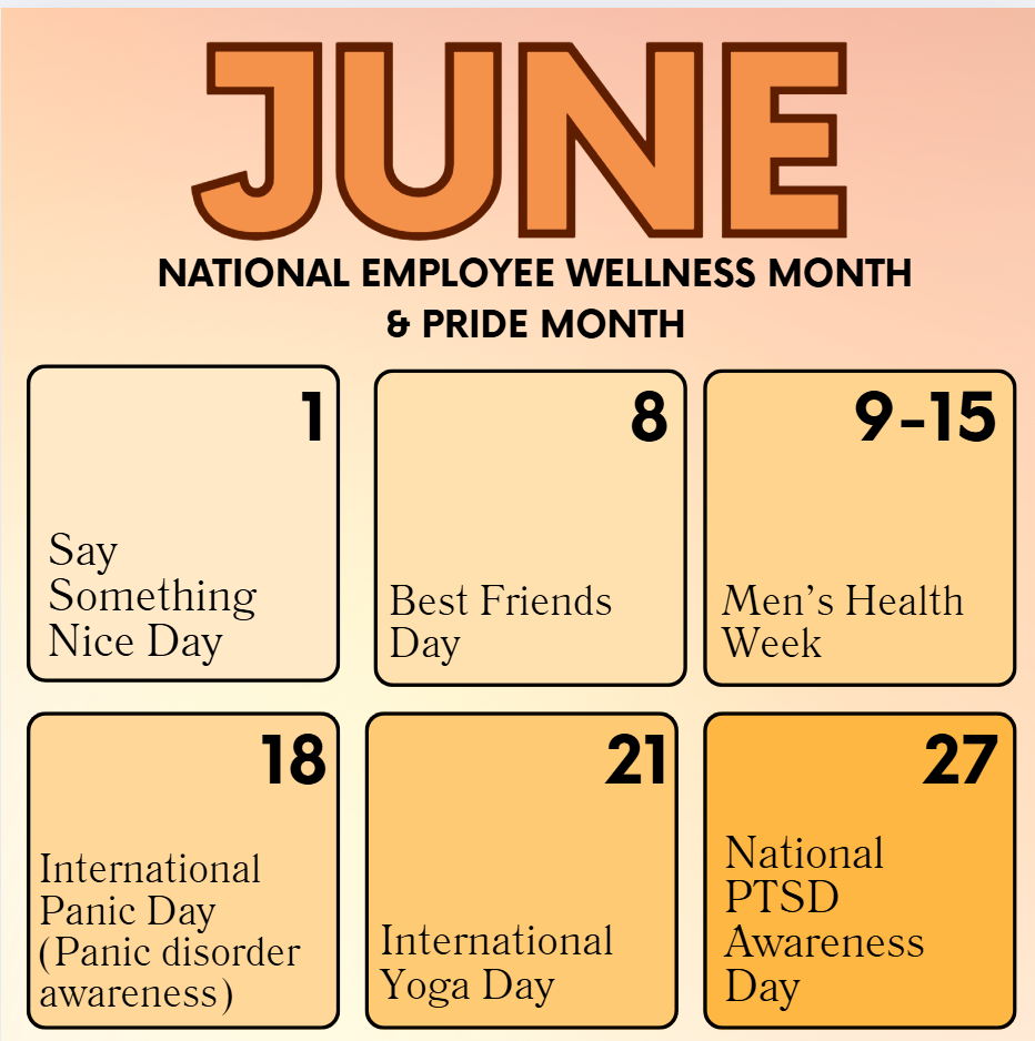 June: National Employee Wellness Month and Pride Month calendar