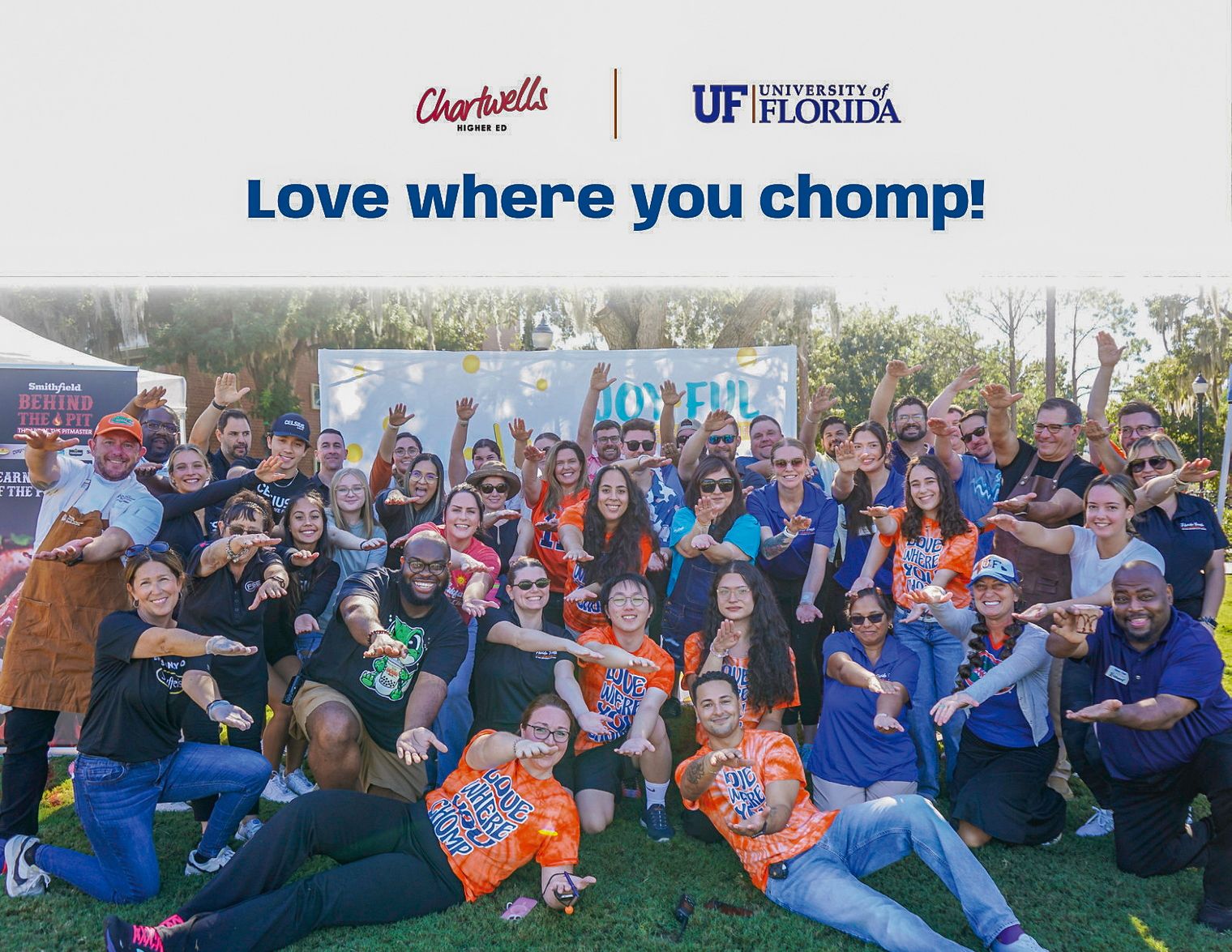 Cover: Love where you chomp! Chartwells and University of Florida, with a crowd of students and Albert the alligator