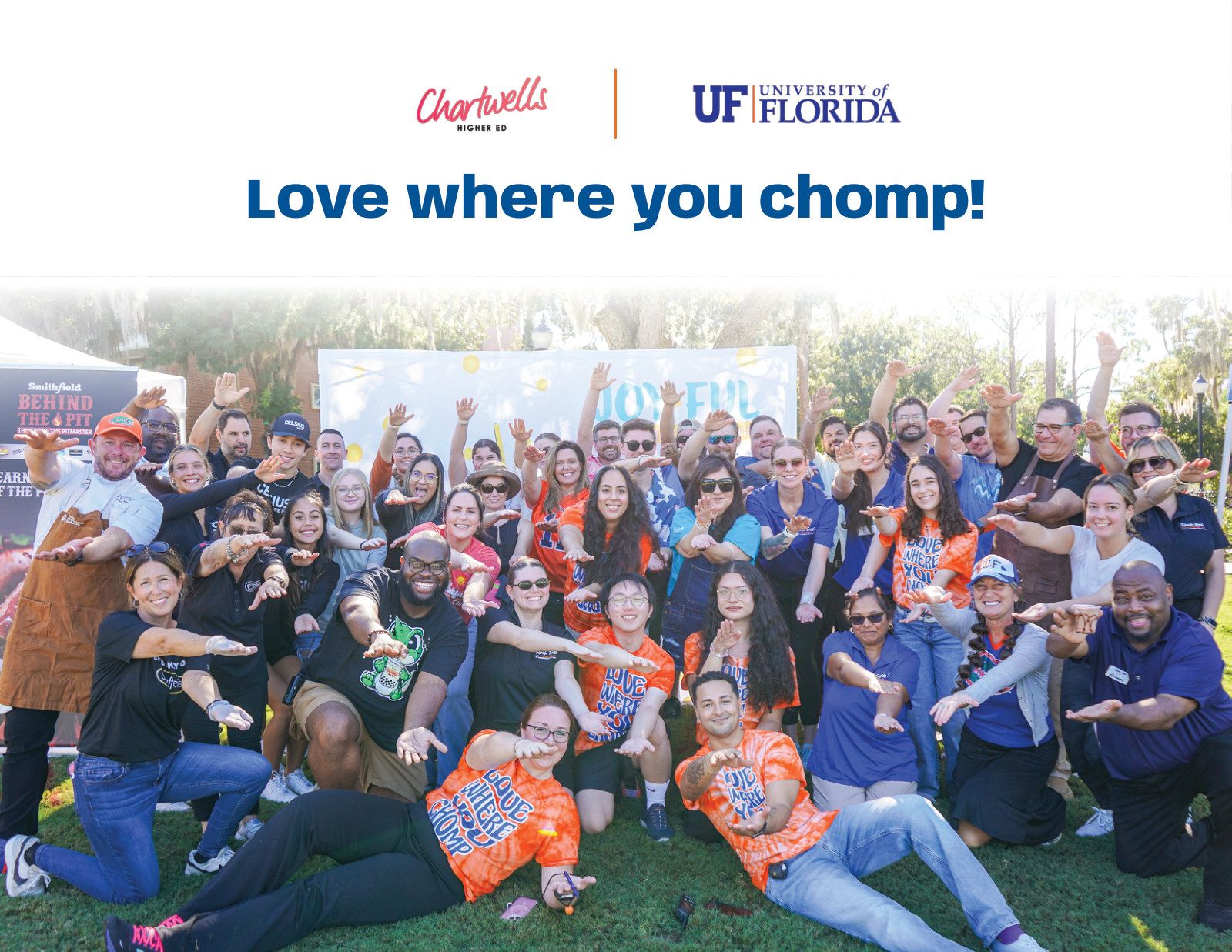 Cover: Love where you chomp! Chartwells and University of Florida, with a crowd of students and Albert the alligator