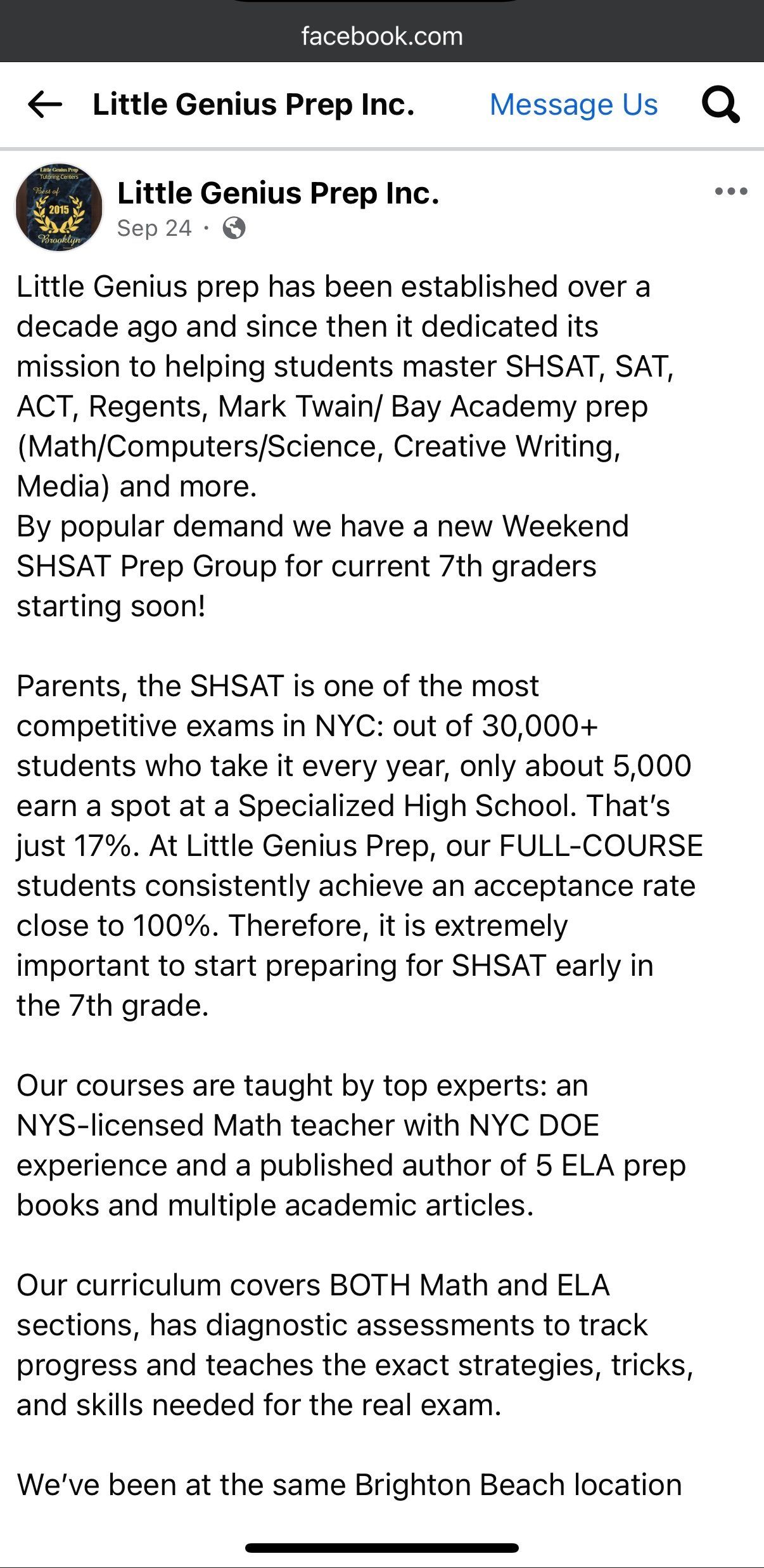 The Little Genius Prep promotional post as published on Facebook