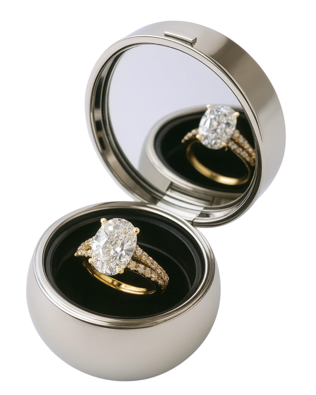 The Mirror Box: a round engagement-ring box with a mirror in the lid