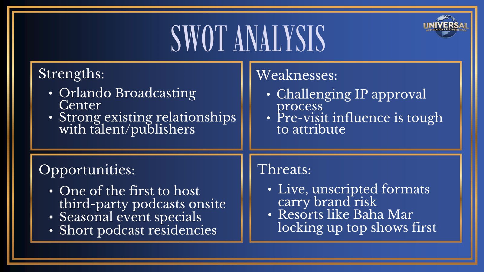 SWOT analysis of hosting podcasts at Universal Orlando